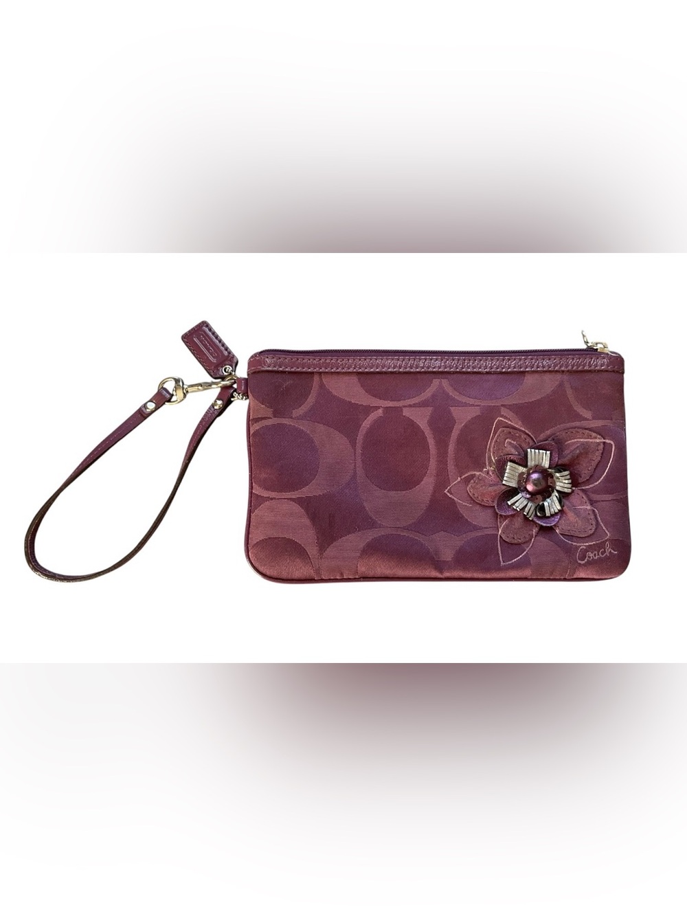 Coach Plum Signature Wristlet with Floral Applique